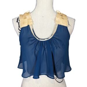 McGinn Sheer Ruffled Shoulder Cropped Top Teal & Cream Size 4